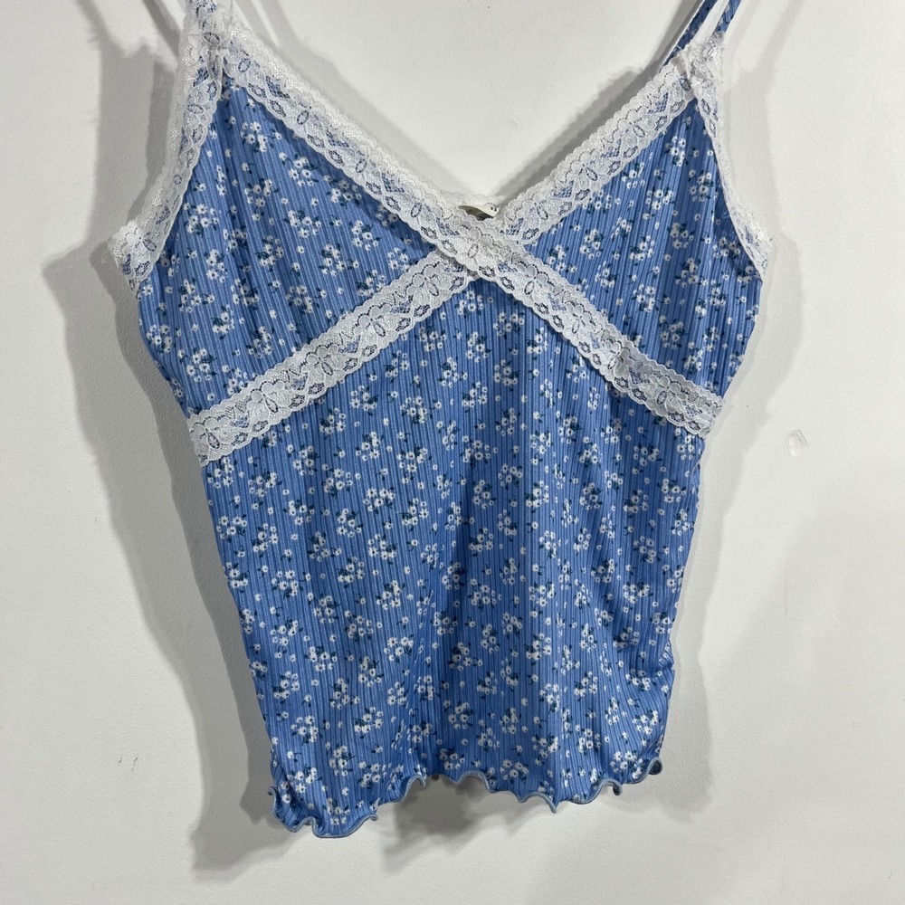Wild Love Y2K Babydoll Ditsy Floral Lace Cami Top Ribbed Boho Large Cottagecore